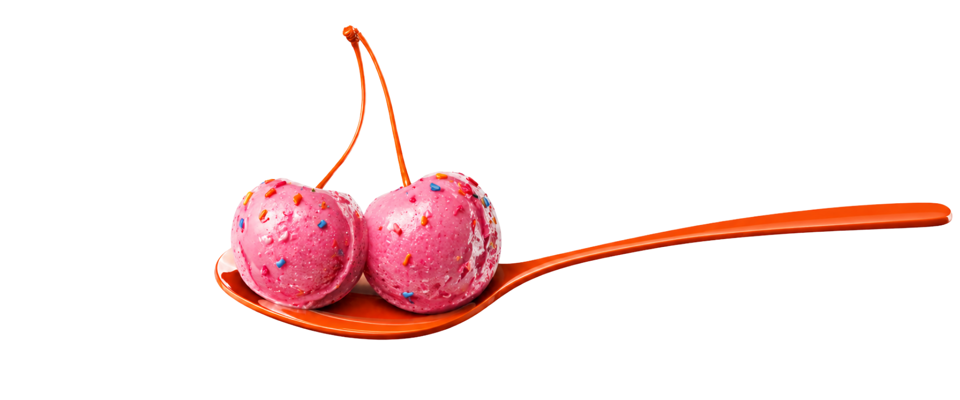 Two pink ice cream scoops shaped like cherries on an orange spoon